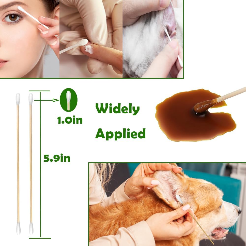 5.9inch Long Large Cotton Swab，Double-Sided Bamboo-Handled Dog-Eared Cotton Swabs,Designed Specifically for Dogs，Ear Cleaning for Medium and Large Dogs or Makeup Large(100PCS)