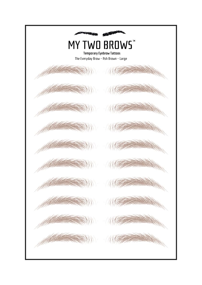 (10 pairs) Ash Brown Temporary Eyebrow Tattoo - Large Size - Waterproof & Smudgeproof - Everyday Brow Style Eyebrow Stickers - Sheet Lasts up to 30 Days - Won't Work on Existing Brows