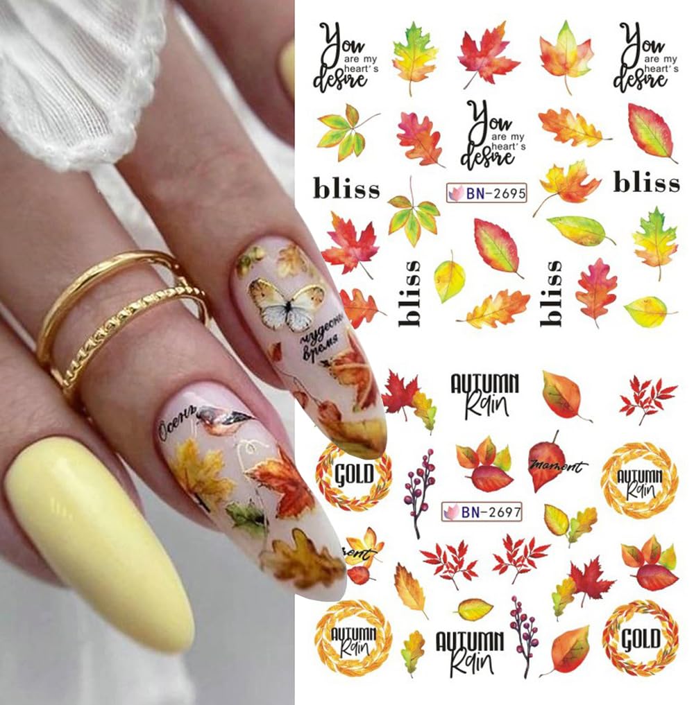 Fall Thanksgiving Nail Art Stickers Decals, 12 Sheets Maple Leaf Design Water Transfer Nail Decals Autumn Thanksgiving Nail Art Decoration Abstract Leaves Ginkgo Slider Nail Foils for Women DIY Supply
