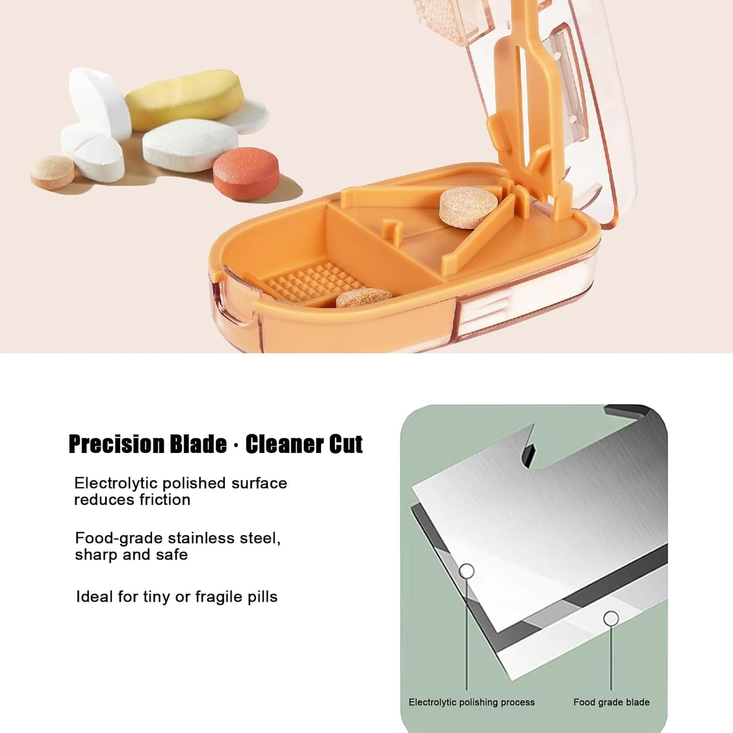 Clear Pill Cutter & Crusher – Precision Tablet Splitter with Safety Blade Guard, Pill Storage and Built-in Cleaning Brush – for Small and Large Pills, Travel Ready (Transparent Brown)