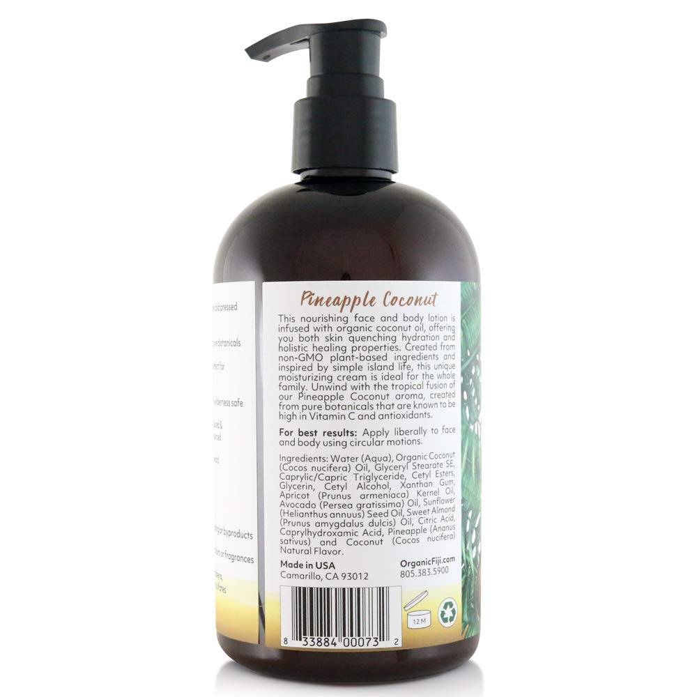 Coco Fiji Face & Body Lotion Infused With Coconut Oil | Lotion for Dry Skin | Moisturizer Face Cream & Massage Lotion for Women & Men | Pineapple Coconut 12 oz, Pack of 3