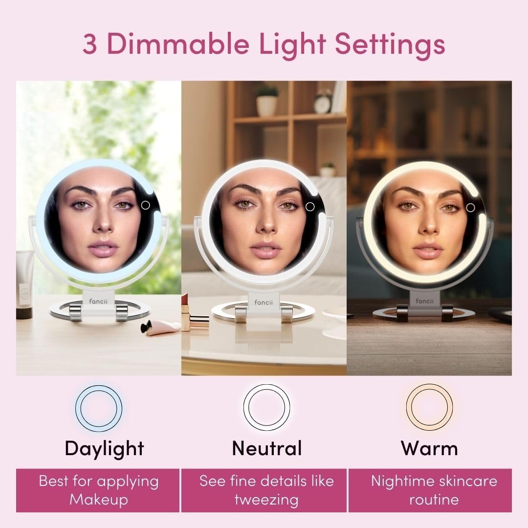 Fancii Travel Magnifying Mirror 10x /1x with Lights, Rechargeable | 9-Inch Extra Large LED Lighted Makeup Mirror, Folding Double Sided Portable Vanity Mirror, 3 Light Settings, Touch Sensor (Sadie)