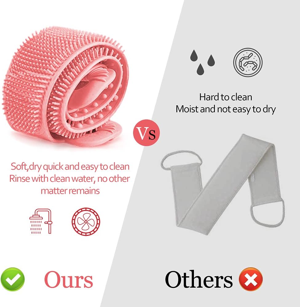 Inmorven Exfoliating Back Scrubber for Shower with Handles, 30 Inch Double-Sided Back Exfoliator Body Scrub Towel, Exfoliating Washcloth Bath Tool for use in Shower, Clean Skin for Men & Women (Pink)