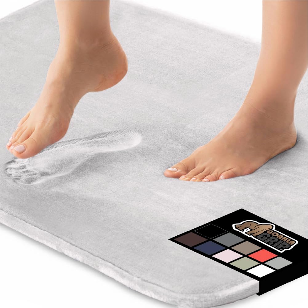 GORILLA GRIP Memory Foam Bath Rugs, Soft Absorbent Velvet Bathroom Mats, Durable Dots on Underside, Machine Washable Bathmat, Carpet Rug Room Decor for Shower Floor, 60x24 Mat, Light Gray
