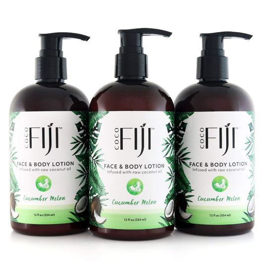 Coco Fiji Face & Body Lotion Infused With Coconut Oil | Lotion for Dry Skin | Moisturizer Face Cream & Massage Lotion for Women & Men | Cucumber Melon 12 oz, Pack of 3