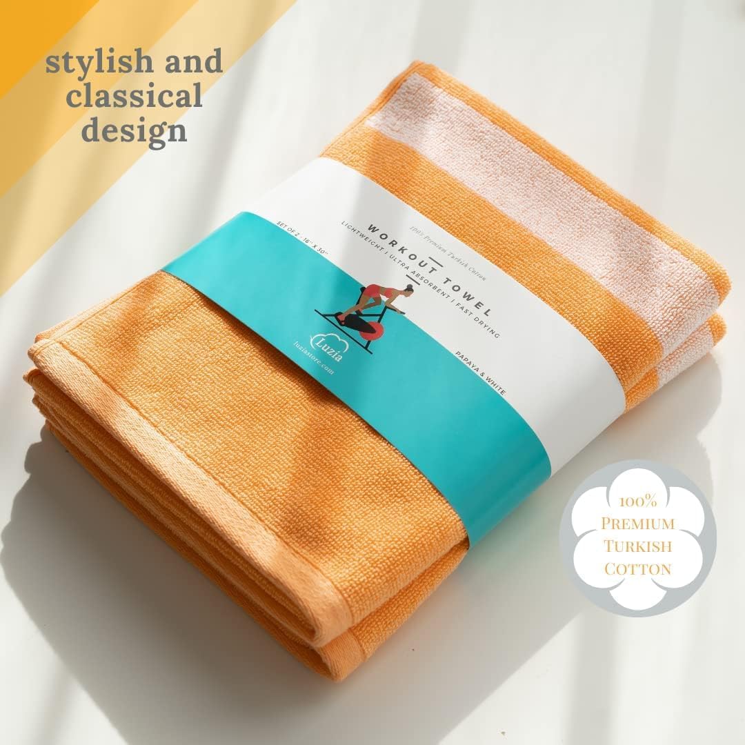 Luzia Striped Workout Towel for Sweat (Pack of 2) - Premium Quality 100% Turkish Cotton - Lightweight and Super Absorbent for Exercise, Sports, Workout, Fitness, Gym, Yoga, Running (Orange)