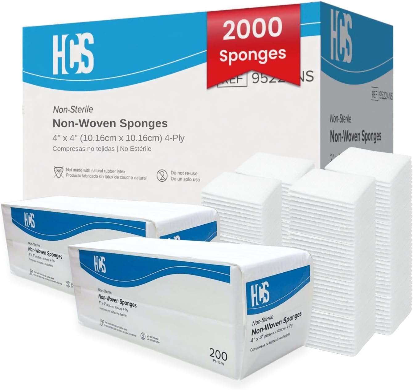 HCS Bulk Non-Woven Gauze Sponges 4x4 - Non-Sterile, 4-Ply (2000-Count) - Highly Absorbent, Low-Linting Squares - 4x4 Gauze Pads, Large - Medical Supplies, Wound Care, First Aid, Surgical Use, Dental