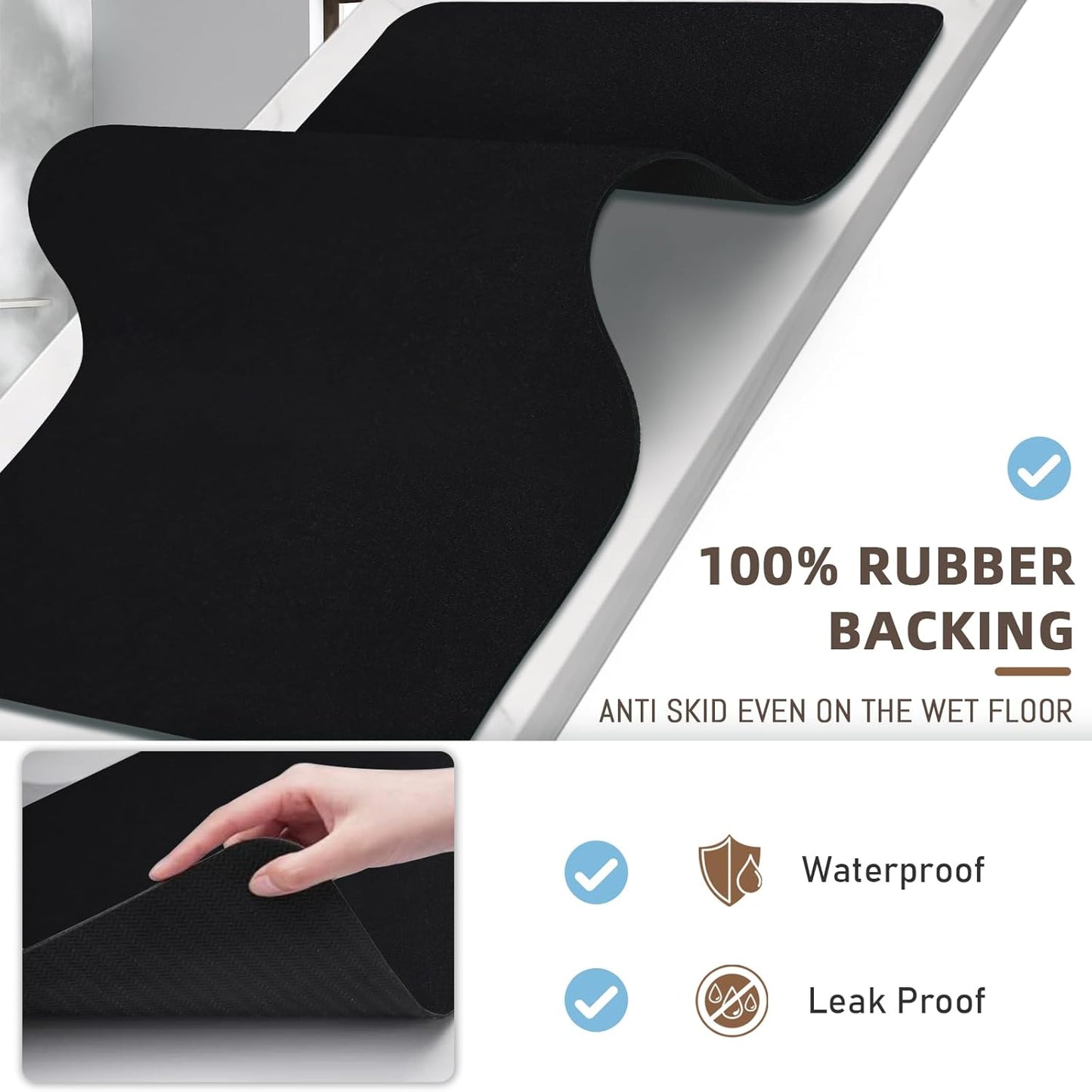 Diatomaceous earth bath mat Bathroom Rugs Sets 3 Piece Super Absorbent Quick Dry Bath Mats, Rubber Non Slip Shower Mat and Toilet Mat U Shape, Shower Rug for in Front of Bathtub Shower, Black