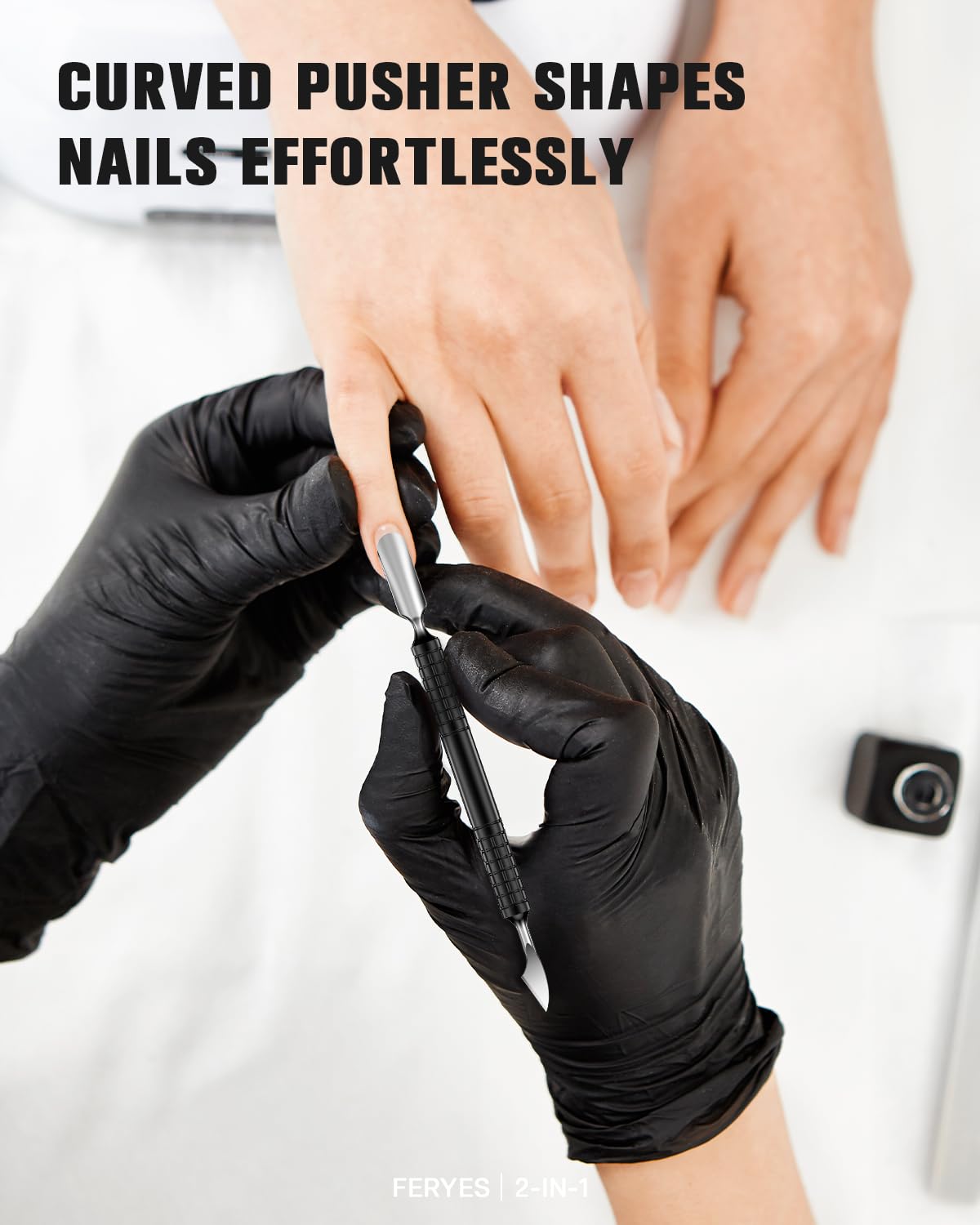 FERYES Upgraded Dual Head Cuticle Pusher Remover Tool - Curved & Chisel Edge Stainless Steel, Ergonomic Non-Slip Handle for Professional Salon & Home Manicure Nail-Black