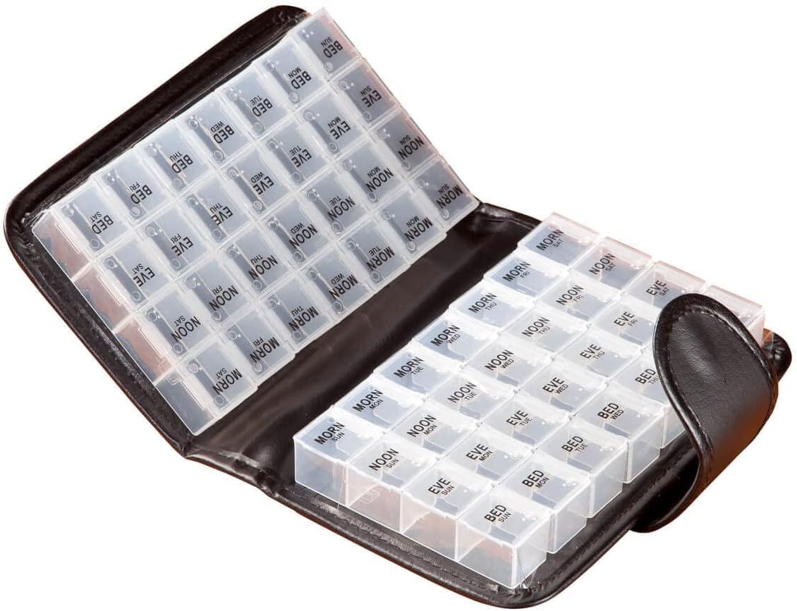 Easy Comforts 14 Day Pill Holder, Travel Case Medication Reminder Pill Box with Detachable Compartments, Black