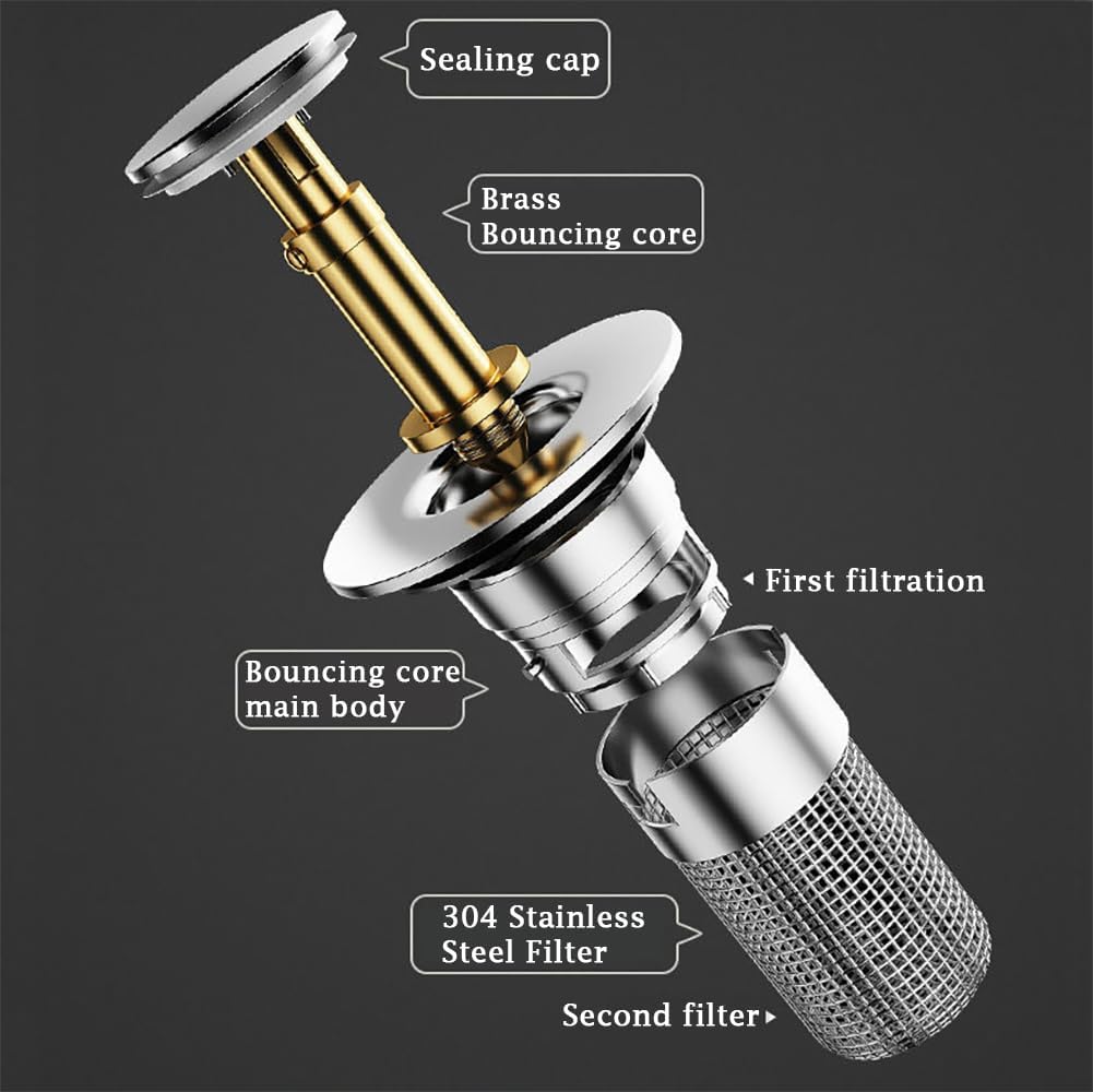2Pcs Bathroom Sink Stopper for 1.1”-1.3”, Pop Up Sink Drain Filter with Removable Stainless Steel Filter Basket Hair Catcher, for US Universal Kitchen Bathroom Basin Sink Stopper Replacement