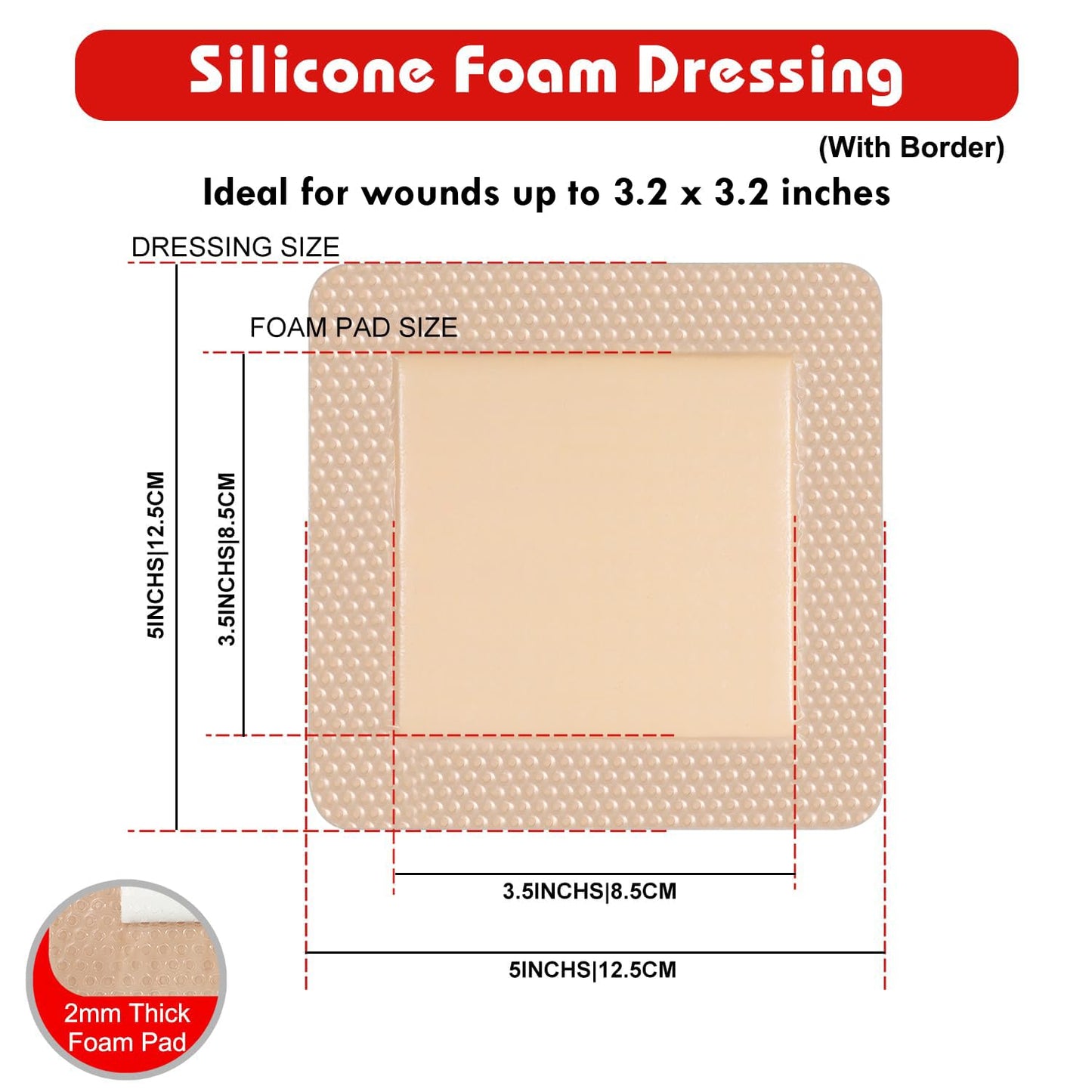 FRESINIDER Silicone Foam Dressing with Adhesive Border – Wound Dressing Bandage – Silicone Foam Pad – Pack of 5 – 5 x 5 Inches Large Waterproof Bandages – Self Adhesive Wound Care and Dressings