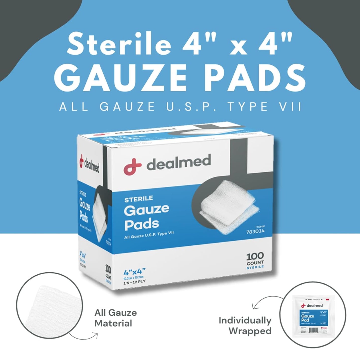 Dealmed 4’’ x 4’’ Sterile Gauze Pads (100 Count) Disposable and Individually Wrapped Medical Gauze Pads, Wound Care Product for First Aid Kit and Medical Facilities (Case of 12)