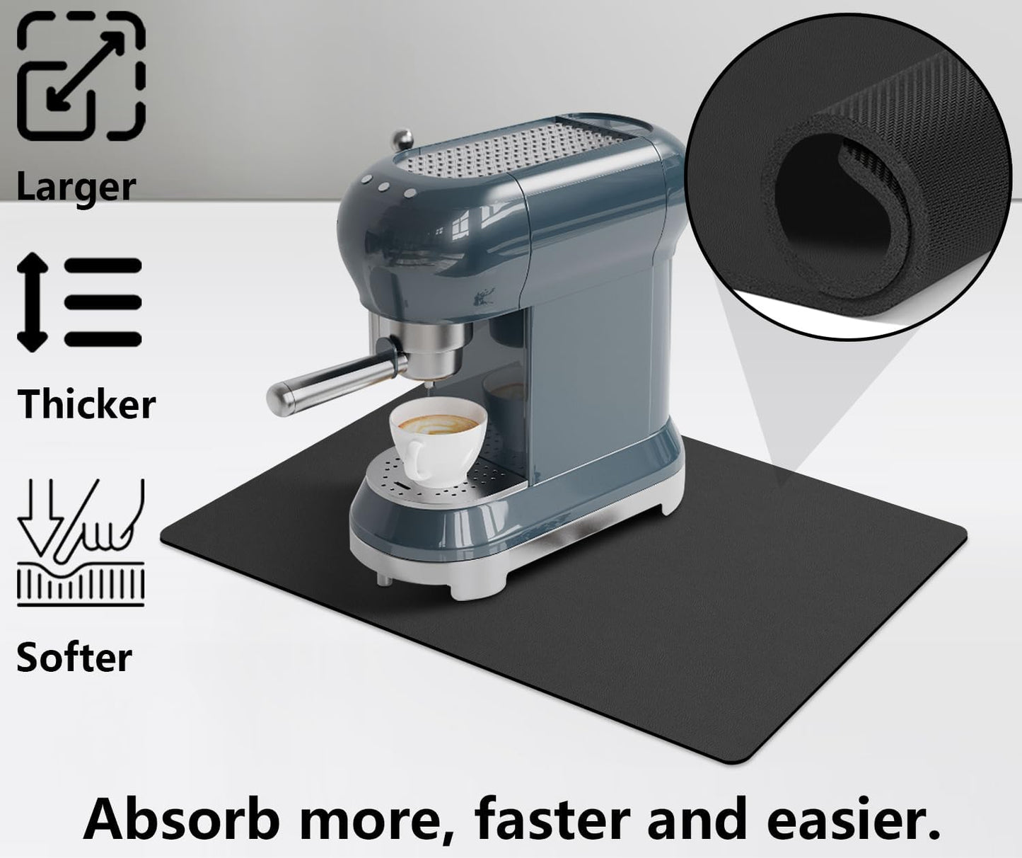 Coffee Maker Mat for Countertops - Dish Drying Mat, Large Coffee Machine Pads,Absorbent, Washable,Reversible Microfiber Rubber Mat for Kitchen Accessories, Under Small Appliance Mats 19x13in(Black)