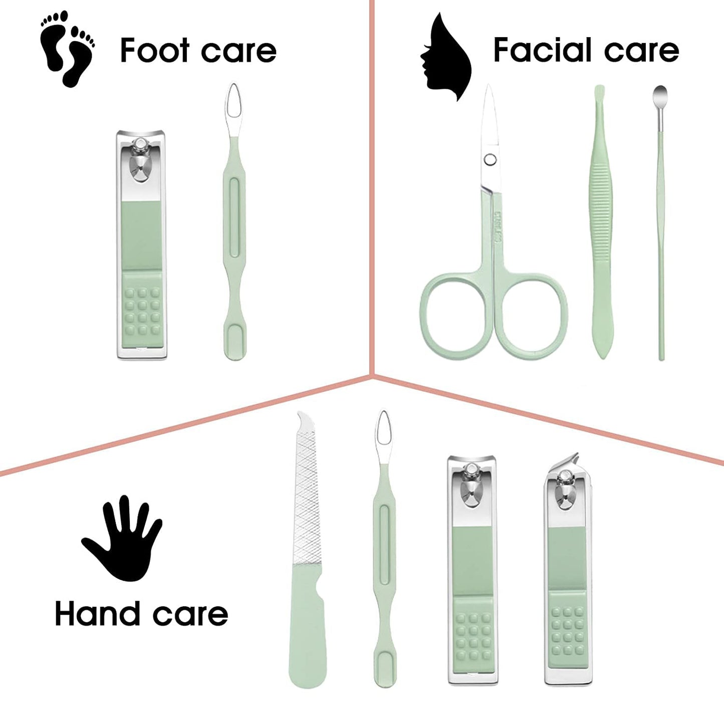 Manicure Set - 7 Pieces Professional Travel Nail Clippers with Green Leather Bag, Stainless Steel Nail Care Tools Grooming Kit for Women