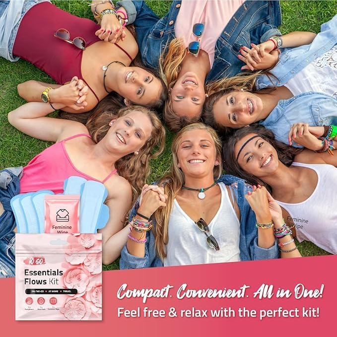 Essential Flow Kit – Case of 60 Individually Packed Period Kits for Schools, Students & Emergency Needs | Includes 3 Pantiliners, 2 Maxi Pads & 1 Feminine Wipe in a Discreet Zip Bag (Purple)