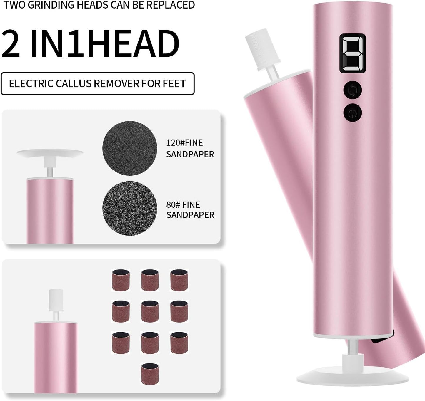 Professional Electric Foot File Tool -Callus Remover Rotating Grinder,1200mAh Rechargeable Battery, 1-Hour Continuous Use, Foot Drill & Sander,Adjustable Speed Foot Files for Deadskin(Pink+White)
