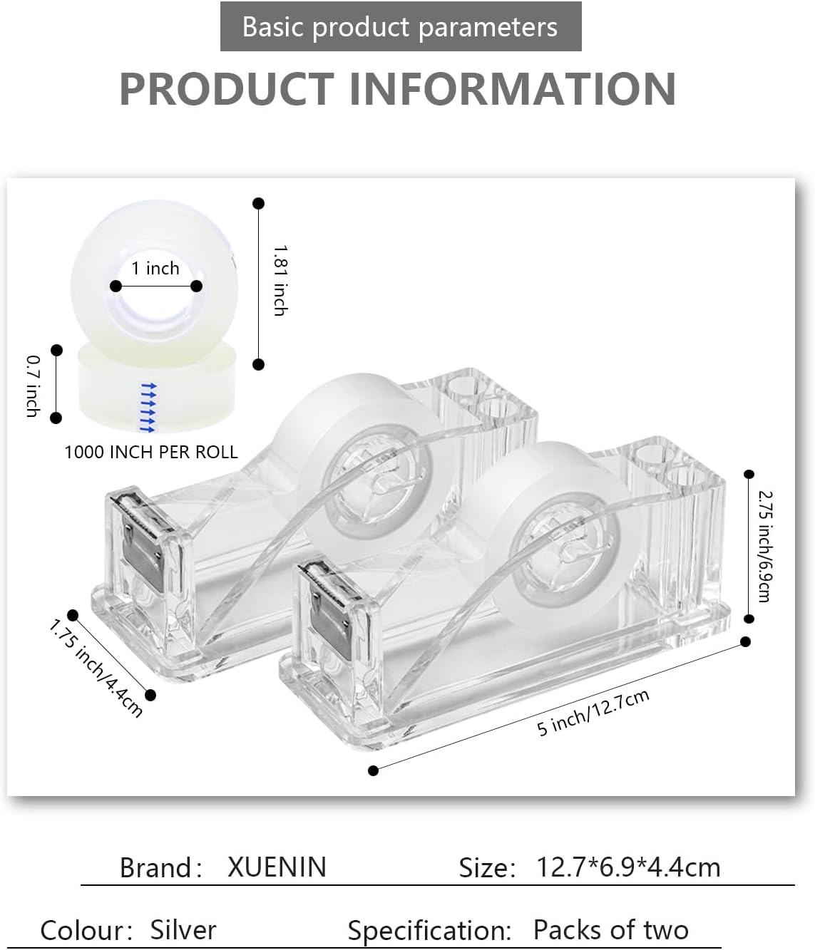 2-Piece Acrylic Tape Dispenser Desk - Durable, Stylish, and Versatile for Home, Office, or School - Fits Standard Tape Rolls - Desktop Convenience for Easy Organization（Silvery）