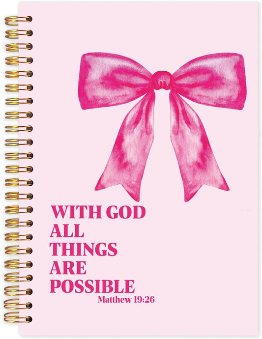 FDHSPAAM Coquette Pink Bow Christian Spiral Journal Notebook 5.5x8.3in, with God All Things Are Possible Inspirational Prayer Journal for Woman, Inspirational Bible Notebooks for Note Taking