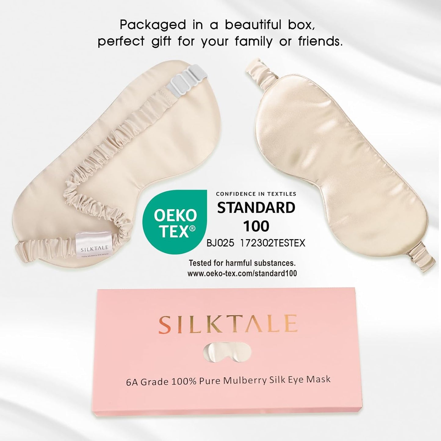 100% Mulberry Silk Eye Mask for Sleeping with Silk Wrapped Adjustable Strap,Beige