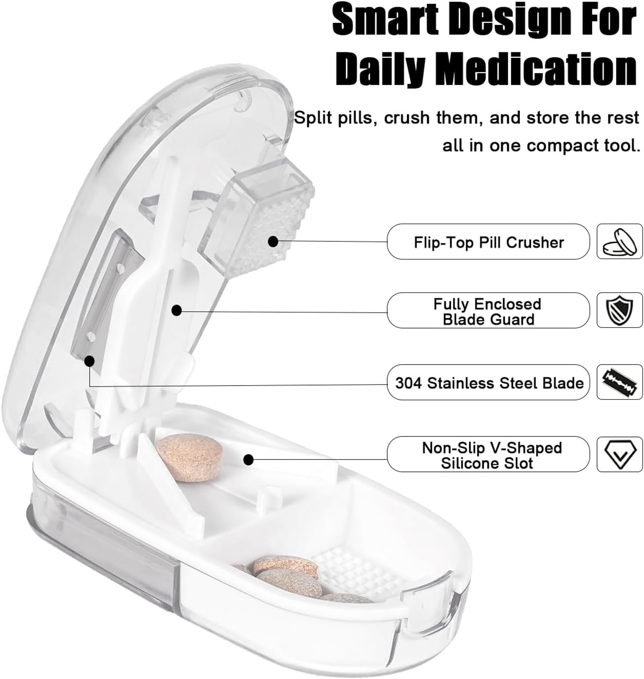 Clear Pill Cutter & Crusher – Precision Tablet Splitter with Safety Blade Guard, Pill Storage and Built-in Cleaning Brush – for Small and Large Pills, Travel Ready (Transparent White)