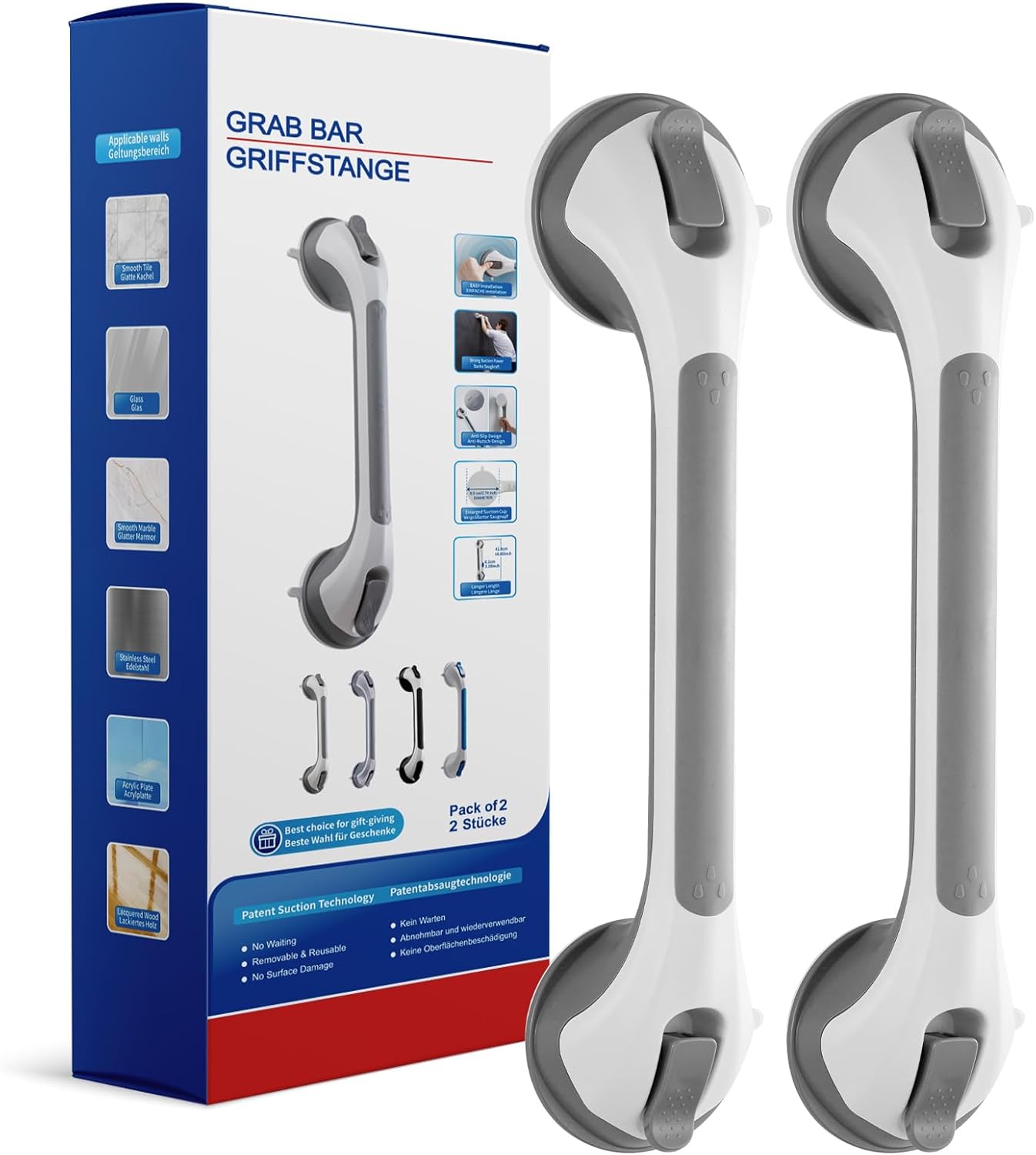 Grab Bars for Bathtubs and Showers 2 Pack Shower Handle, Heavy Duty Suction Grab Bar Bath Handrails for Seniors and Elderly, Bathroom Safety Grip No Drilling Waterproof Removable, Grey