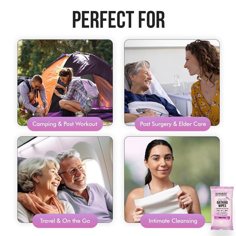 Extra Large Bath Wipes for Adults Bathing No Rinse - 120 Disposable Body Cleansing Wipes for Men, Women & Elderly - Great for Gym, Camping, Post Surgery - Lavender