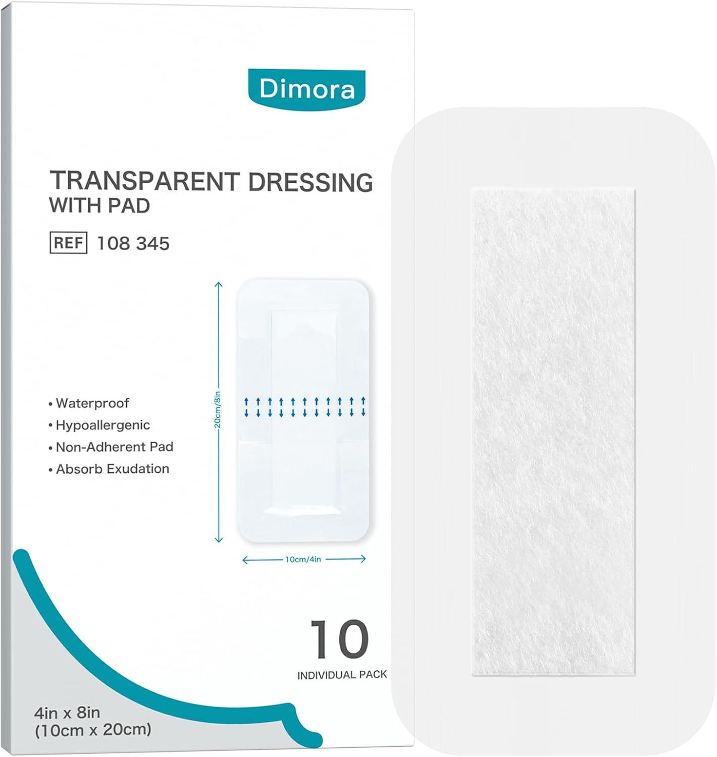 Dimora Waterproof Transparent Film Dressing with Pad, Large Clear Bandage Tape for Wound Care, Adhesive Post Surgical Cover Pad，for IV Shield, Tattoo Aftercare, Shower Protector 4x8 inch 10 Packs
