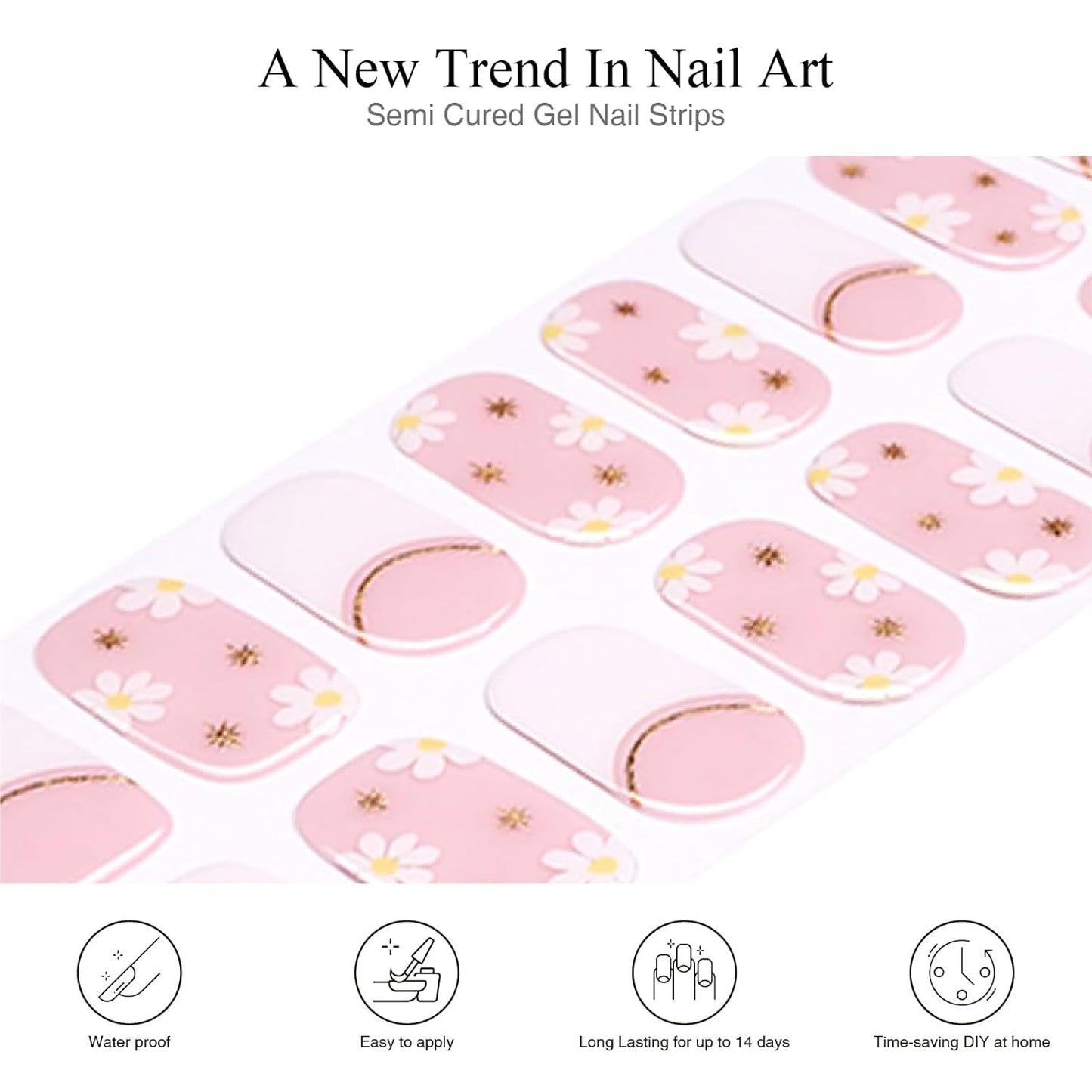 Semi Cured Gel Nail Strips, 20 pcs Gel Nail Stikers, Gel Nail Wraps Semi Cured, Salon-Quality, 2 Weeks Long Lasting, Daisy Murmurs