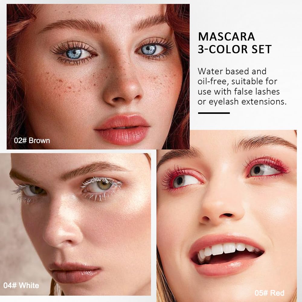 Colored Mascara for Eyelashes Set,Colorful Waterproof Mascara for eyelashes Long lasting Charming Voluminous for Women Halloween Eye Makeup (3Pcs 02#Brown&04#White&05#Red, F)