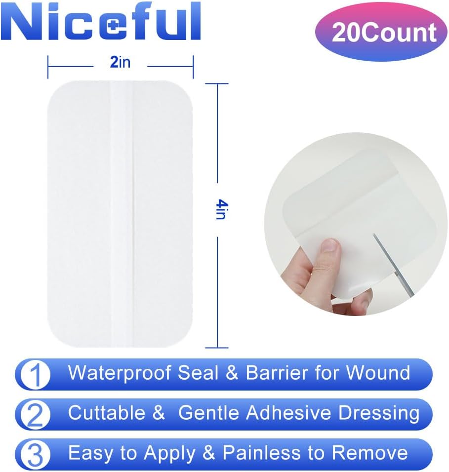 20 Count Hydrocolloid Bandages 2 x 4 in, Large Wound Dressing Healing Bandages for Wounds, Waterproof Bandage Large
