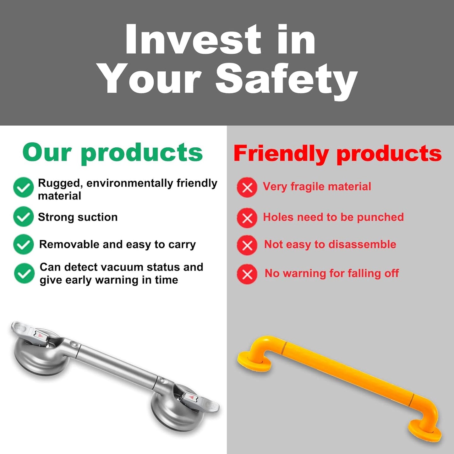 Heavy Duty Suction Shower Grab Bar - Toilet Bathroom Bathtub Safety - Shower Handles, Suction Cup Power Up to 250 LB, Perfect for Elderly Seniors(17 Inch, Gray Silver), Gray Silver