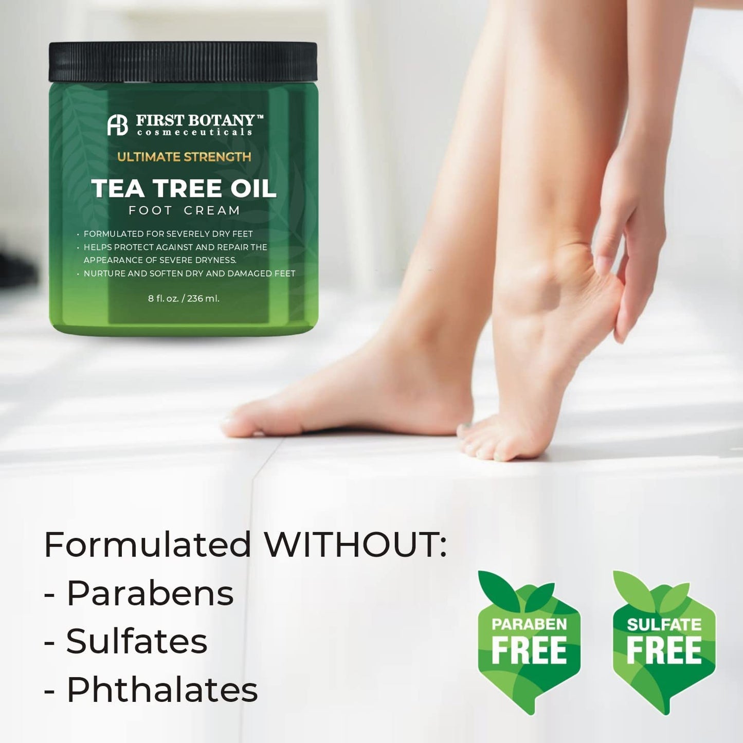 First Botany, Athletes Foot Cream with Tea Tree Oil, Aloe & Spearmint - Hydrates, Softens & Conditions Dry Cracked Feet, Heel and Calluses- Helps Soothe Irritated Skin - 8 oz