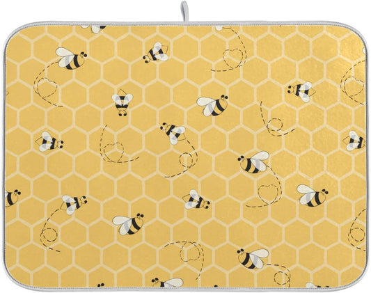 Funny Bees Honey Dish Drying Mat 16x18 for Kitchen Counter Yellow Bumblebee Beehive Dishes Pad Absorbent Fast Dry Dish Draining Mats Medium Kitchen Accessories