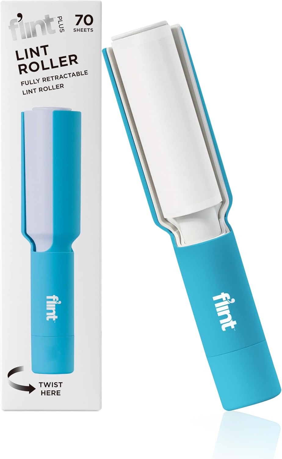 Flint Plus Retractable Lint Remover & Pet Hair Roller for Clothes – Refillable & Reusable Lint Roller with 70 Extra Sticky Tear-Off Sheets – Value Pack, Light Blue