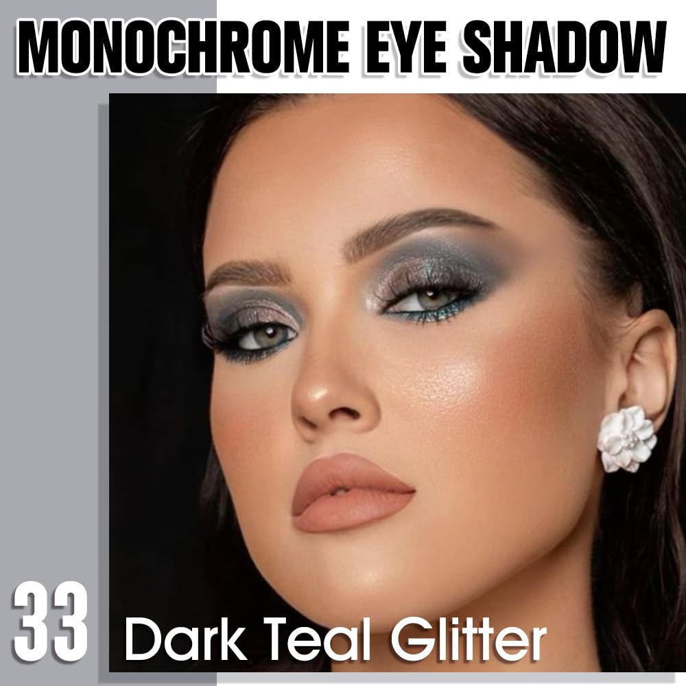 Dark Teal Glitter Eyeshadow Palette for Women, Single Monochrome Eye Shadow Makeup, Shiny Pressed Powder, Blendable Natural sombras para ojos, Holographic,Vegan,Travel -33