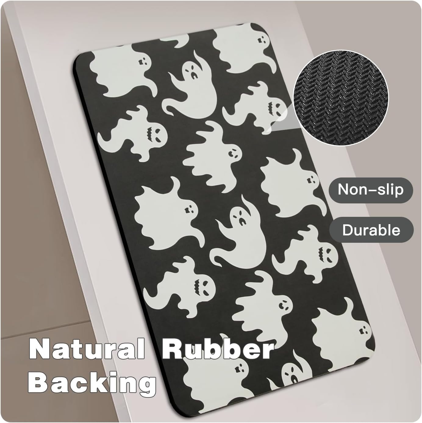 Halloween Bath Mat, Thin Halloween Bathroom Rug Non Slip Quick Dry Ghost Bath Mat Fits Under Door Thin Floor Mat Halloween Decor, 17''x30'', Spooky Ghosts Black