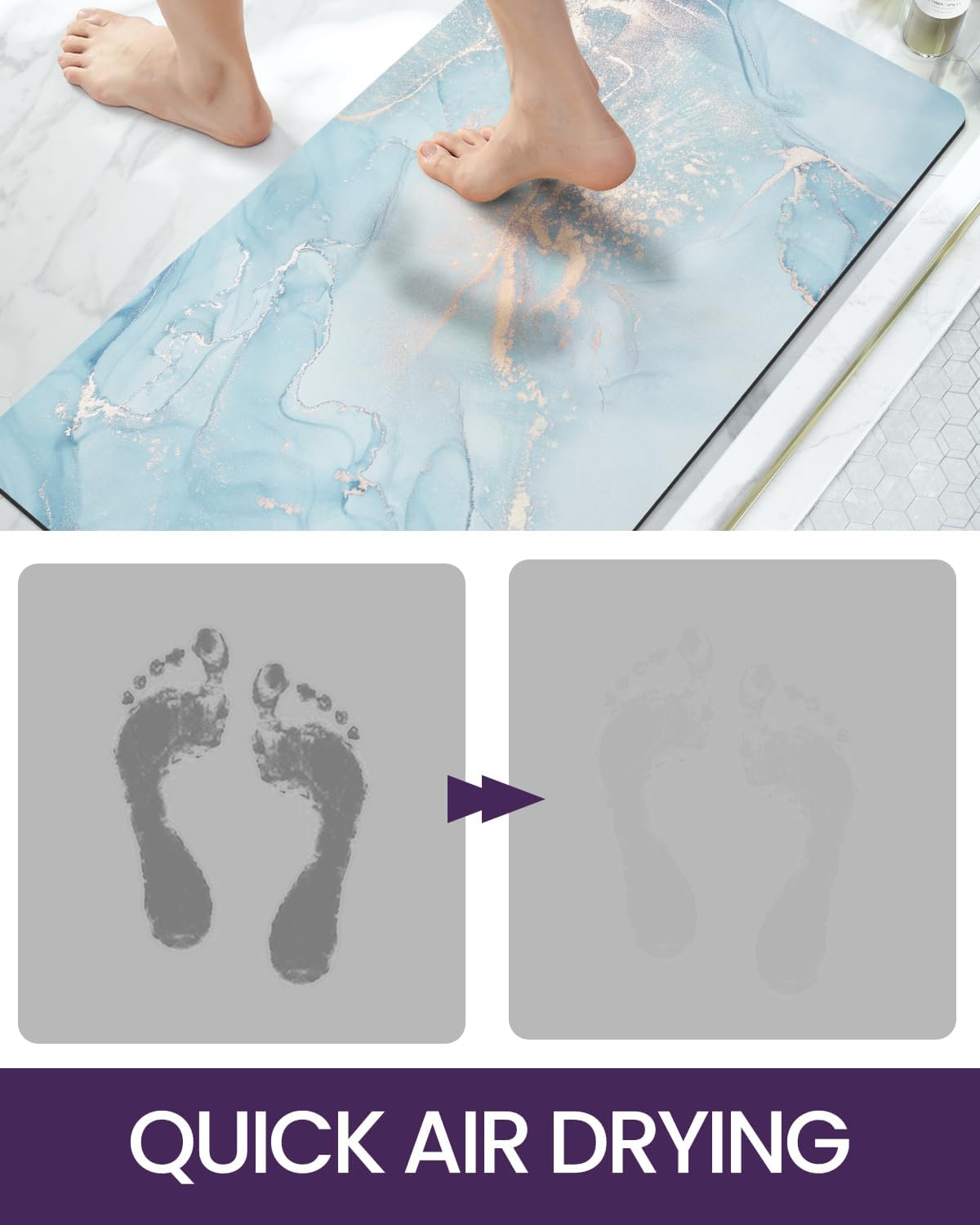 DEXI Bathroom Mat Ultra Thin, Non Slip Bath Rug for Shower Floor, Absorbent Quick Dry Marble Bathmats Low Profile, 16x24, Blue