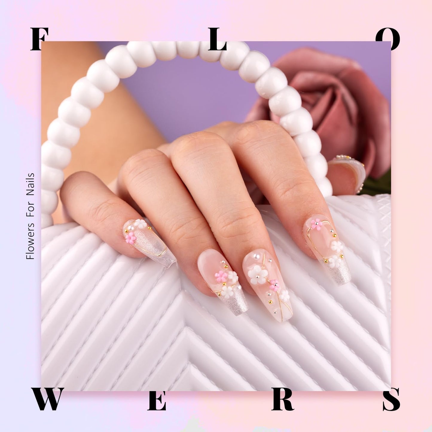 3D Flowers, Manicure Kit with Gel Glue, Colorful Acrylic Flower Nail Charms with Caviar Beads, Rhinestones + Gem Glue for Nails (UV/LED Needed) with Dotting & Pickup Tools