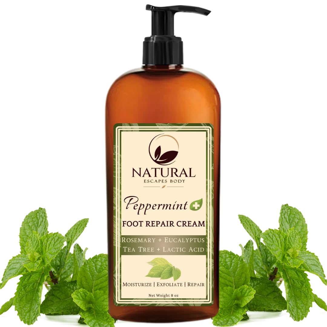 Peppermint, Rosemary, Eucalyptus & Tea Tree Oil Foot Cream for Dry Feet, Cracked Heels, Calluses, Athlete's Foot - Heel Repair Cream for Women & Men (8 oz)