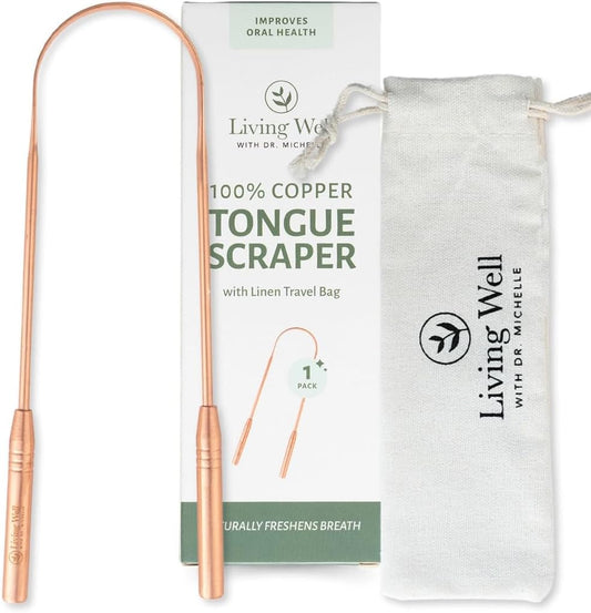 Copper Tongue Scraper - Premium Metal Tongue Cleaner for Adults & Kids - Eliminate Bad Breath & Enhance Oral Hygiene - Includes Travel Bag