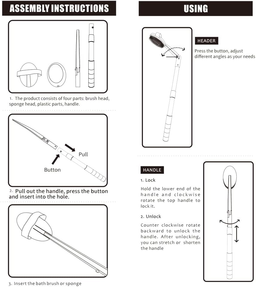 EASACE Long Handle Bath Body Brush & Lotion Applicator for Back Scrubber, Shower Brush with Soft Bristles for Wet or Dry