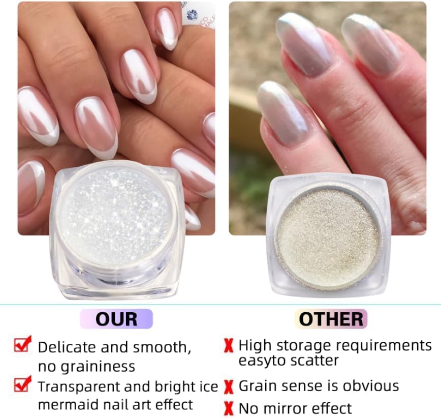 White Pearl Chrome Nail Powder: 7 Colors Iridescent Aurora Chrome Powder Pearl Mirror Effect Glitter Powder Pearlescent Ice Transparent Mermaid Pigment Dust for Nail Art Decoration