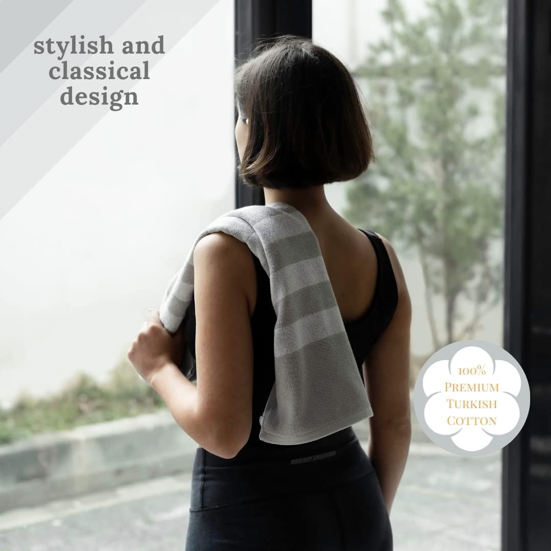Luzia Striped Workout Towel for Sweat (Pack of 2) - Premium Quality 100% Turkish Cotton - Lightweight and Super Absorbent for Exercise, Sports, Workout, Fitness, Gym, Yoga, Running (Gray)