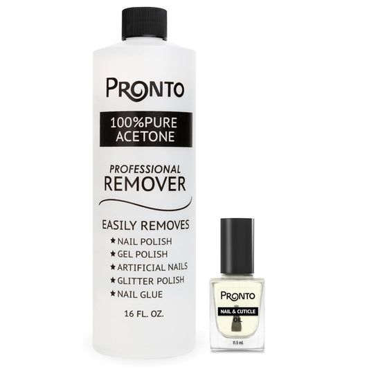Pronto 16 Oz Acetone Nail Polish Remover and Nail Cuticle Oil Duo, 100 Percent Pure Acetone for Natural, Gel, Acrylic Nails, Cuticle Oil Drops for Repairing Damaged Cuticles and Nail Hydration