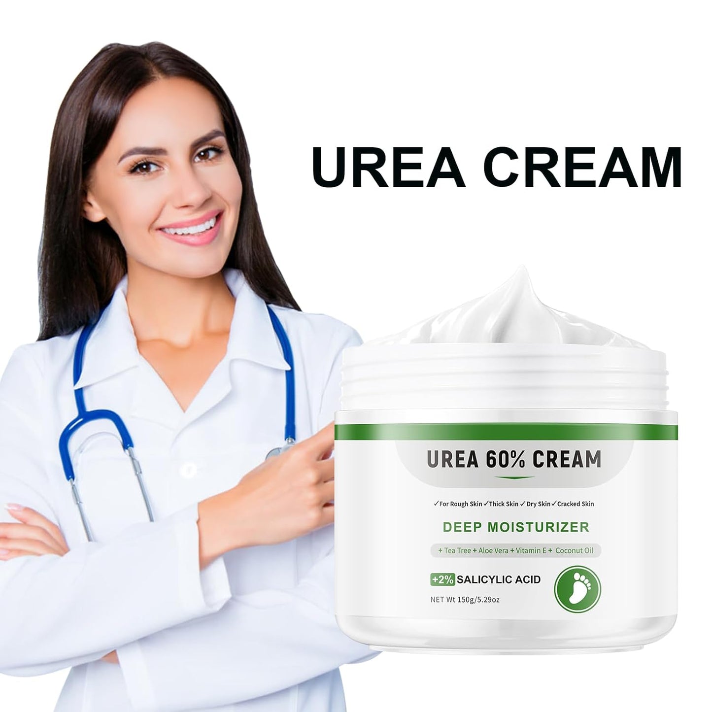 Urea Cream 60 Percent For Feet Maximum Strength Plus Salicylic Acid 2%, Tea Tree Foot Lotion For Dry Feetcracked Heels Treatment Athletes Foot Cream Intensive Repair Foot Moisturizer Care 5.29oz