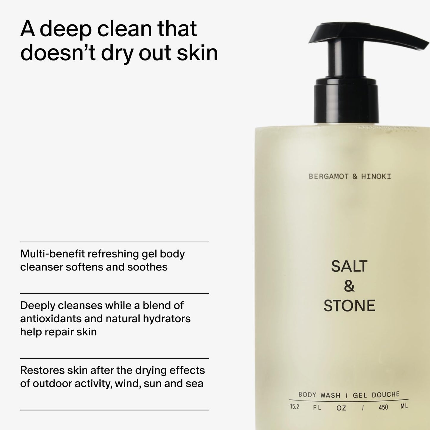 Salt & Stone Body Wash with Antioxidants for Deep Moisture | For Women & Men, Sulfate, Paraben, & Dye Free, Leaving Skin Soft and Hydrated | Bergamot & Hinoki 32 fl oz