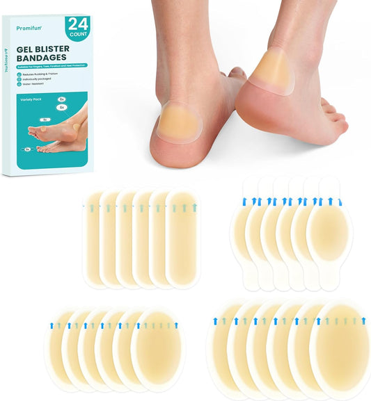 Hydrocolloid Gel Blister Bandages Pads - Promifun Waterproof Adhesive Blisters Bandages - Blister Pads for Heel, Foot, Toe, Feet - Gel Blister Chshions for Prevention & Recovery (24ct, Variety Pack)
