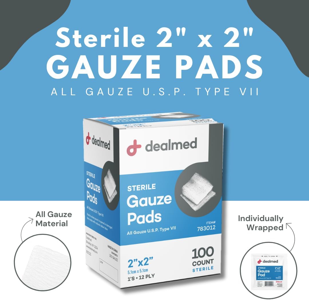 Dealmed 2’’ x 2’’ Sterile Gauze Pads (100 Count) Disposable and Individually Wrapped Medical Gauze Pads, Wound Care Product for First Aid Kit and Medical Facilities (Case of 24)
