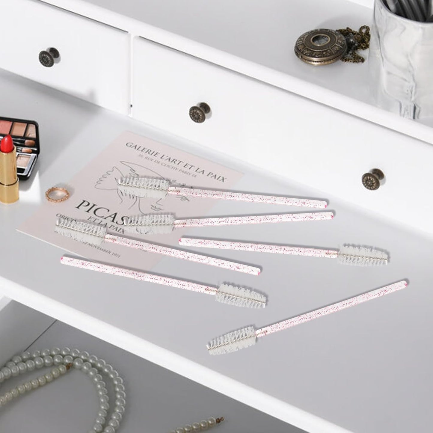 300PCS Disposable Mascara Wands Spoolie Brush Crystal Eyebrow Brushes Eyelash Extension Applicator Makeup Kits.myaokue-up(Pink/White)